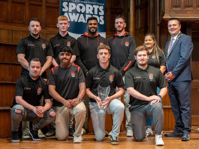 The Mayor, Councillor Ruairí McHugh, pictured with Strabane Cricket Club Men’s Senior Team who received the 'Team of the Year' award as he hosted the annual Derry City and Strabane District Council Sports Awards in the Guildhall. Picture Martin McKeown. 05.06.25