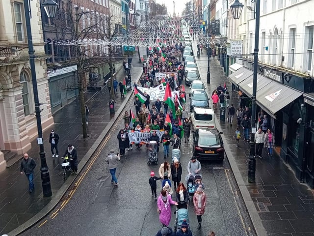 Thousands participate in Derry rally for Palestine calling for a ceasefire in Gaza on January 13, 2024