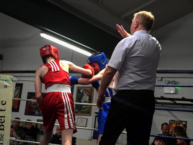 Churchlands’ Alex McGowan, left, boxing The Ring’s  Jake Mitchell.  Photo: George Sweeney