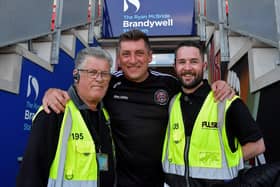 Derry City stewards Patsy Bradley and Barry Glackin pictured with Bohemian manager Declan Devine at the Brandywell on Friday evening. Photo: George Sweeney. DER2322GS – 146