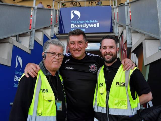 Derry City stewards Patsy Bradley and Barry Glackin pictured with Bohemian manager Declan Devine at the Brandywell on Friday evening. Photo: George Sweeney. DER2322GS – 146