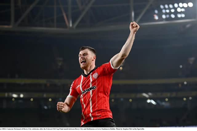 13 November 2022; Cameron McJannet of Derry City celebrates after the Extra.ie FAI Cup Final match between Derry City and Shelbourne at Aviva Stadium in Dublin. Picture by Stephen McCarthy/Sportsfile