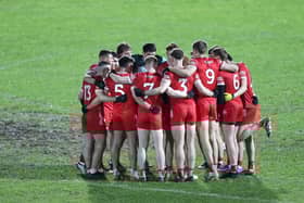 Derry players in the huddle before taking on Tyrone last week at Healy Park. 25-1-25