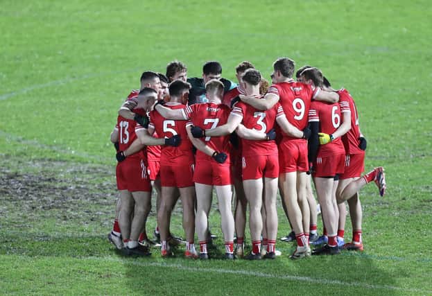 Derry players in the huddle before taking on Tyrone last week at Healy Park. 25-1-25