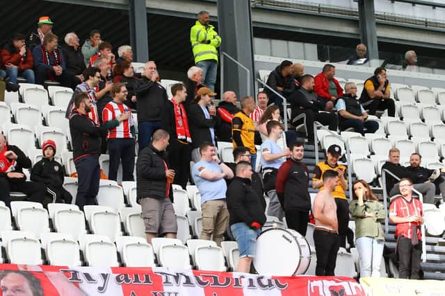 Derry City fans make their voices heard at the Tórsvøllur Stadium, Torshavn, Faroe Islands