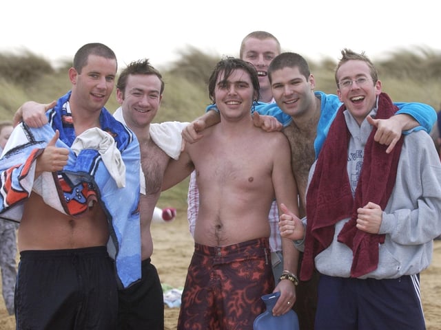 From left, Brian Brophy, Darragh O'Neill, Louis Burke, Johnny Murphy, Joe Doddy, and Michael Moriarty. (0301PG16) : Culdaff New Year's Day Swim in 2006.