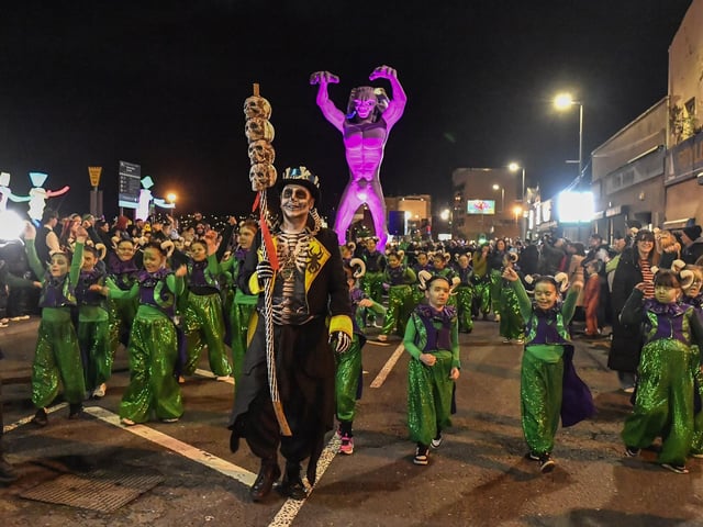 Mayor Ruairí McHugh leads the ‘City of the Bones’ Halloween carnival parade on Friday evening. Photo: George Sweeney