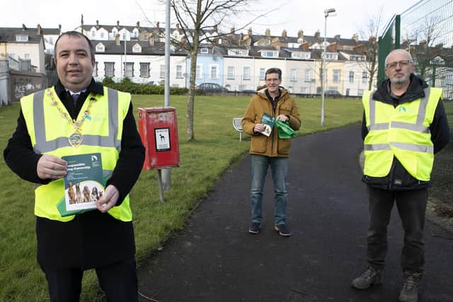 2021: SDLP Councillors Brian Tierney and John Boyle among others spreading awareness over responsible dog ownership.