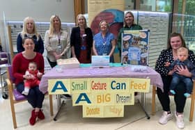 Celebrating World Human Milk Bank Day (19 May) standing from left to right Liz Bailie, Human Milk Bank Coordinator; Nicola Burchmore, Community Infant Feeding Lead; Hilary Campbell, Head of Service Public Health; Lorraine Holden, Human Milk Bank Service Admin Support and Susan Rogers, Lead Nurse Public Health. Seated are Cathy Mullan with her six month daughter Fiadh from Omagh and Clare Sizeland with her nine month old son Ruairi from Enniskillen who donated donor milk.