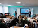 Eve Cobain from AONTAS and Colin Neilands from FALNI deliver a presentation at the North West Regional College campus in Derry on plans to improve Adult Education in Northern Ireland. A census of community education has been launched to provide information to lobby political leaders for improved access to learning and help create more employment opportunities.