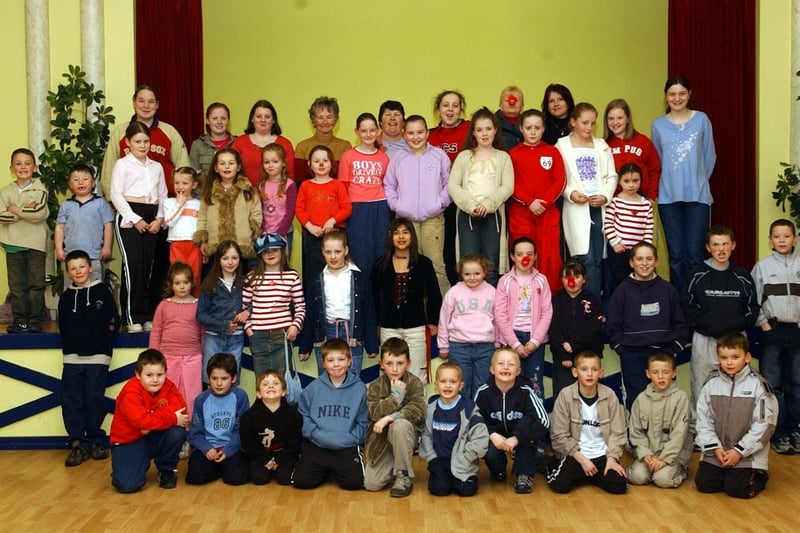 Members of the St Brigid's Disco Youth, Carnhill, pictured at a disco held to help raise funds for Comic Relief. Included are Mary Curley, Andrea Hanaway, Bridie McLaughlin, Shauna McCay,  Sinead McQuaid, Emer Lynch, Jean Cooke and Alicia Doherty.