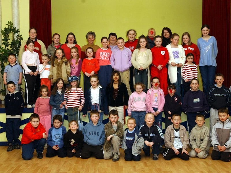 Members of the St Brigid's Disco Youth, Carnhill, pictured at a disco held to help raise funds for Comic Relief. Included are Mary Curley, Andrea Hanaway, Bridie McLaughlin, Shauna McCay, Sinead McQuaid, Emer Lynch, Jean Cooke and Alicia Doherty.