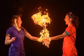 Circus scientists Aoife Raleigh (an engineer(Orange)) and Maria Corcoran (a chemist(Blue)) reveal the scientific secrets behind their astounding tricks.