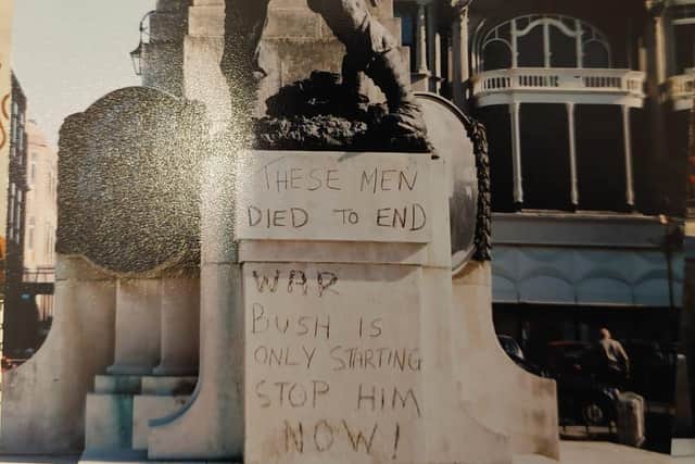 An anti-war message written on the Cenotaph in the Diamond in 2003.
