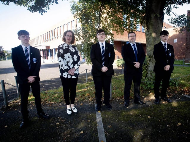 St. Columb's College Top GCSE prizewinners in one subject pictured with Mrs. U. Grimley and Mr. J. Johnston, Vice Principals on Friday morning last. From left. Adam Coogan, Religioius Studies, Reece O'Doherty, Science (Single Award) and Darragh Concannon, Technology and Design.