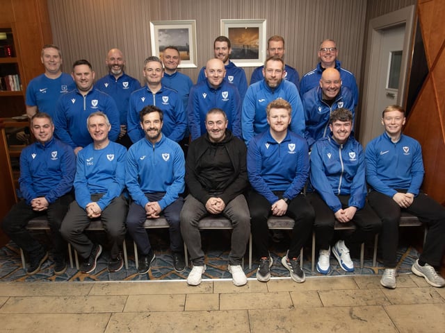 Peter Hutton, former Derry City manager and captain, special guest at the Oxford United annual awards in the Maldron Hotel, pictured with club coaches. (Photos: Jim McCafferty Photography)