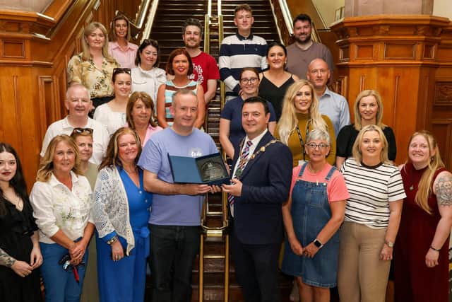 The Mayor of Derry, Councillor Ruairi McHugh with staff, board members, representatives of local community groups and elected representatives as a reception in the Guildhall for Feile Derry. Photo: Lorcan Doherty.