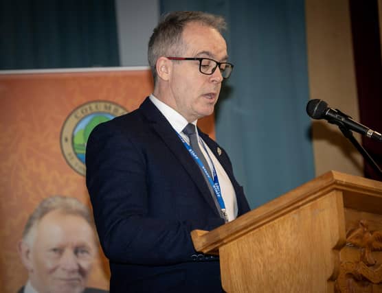Mr. Tony McGonigle addressing the attendance at last week's event in St. Columb's College. (Jim McCafferty Photography)