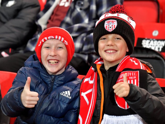 Happy Derry City fans at the Brandywell on Friday evening. Photograph: George Sweeney