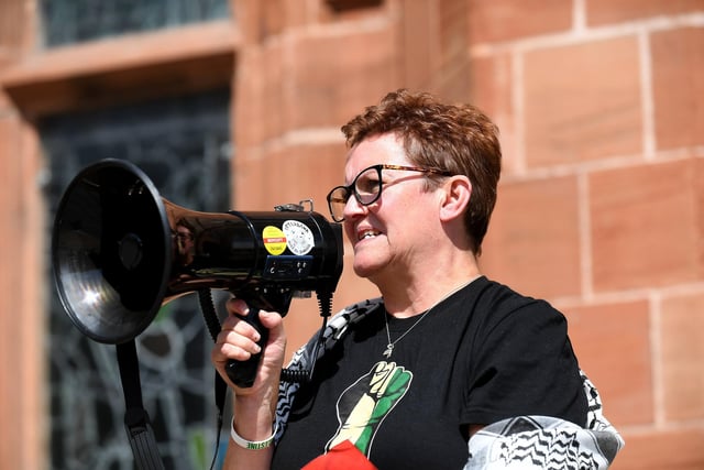 Derry IPSC spokesperson Catherine Hutton speaking at a rally, held in Guildhall Square on Saturday, to mark 300 days of Genocide in Gaza. Photo: George Sweeney