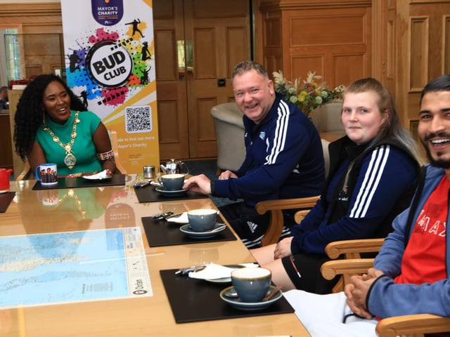 Mayor Lilian Barr conversing with players from Street Soccer NI who will be travelling to South Korea to take part in the Homeless World Cup 2024 in Seoul. Included right are Alaaeddine Dhouioui, Joanne Patterson, and Adrian Curry, co-ordinator Street Soccer NI. (Photo - Tom Heaney, nwpresspics)
