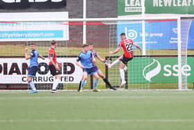 Jordan McEneff nets his sixth goal of the season with this close range header in the first against UCD. Photograph by Kevin Moore