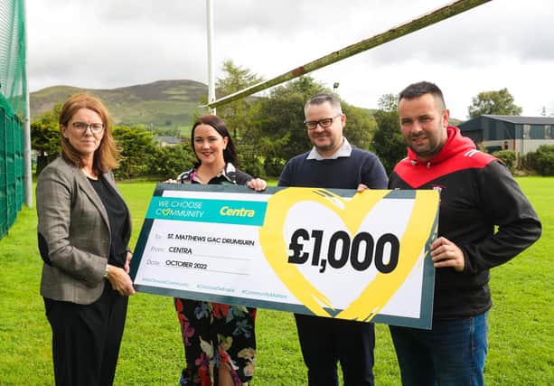 From left, Martina O’Connor, committee member of St Matthews GAC; Jennifer Morton, Centra brand manager; Ruairi McBride, store manager of Wilson’s Centra Ballyquin Road in Limavady; Marius Loughery, St Matthew’s GAC Chairperson.