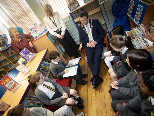 The student council in conversation with the Mayor, Ruairi McHugh, during his visit to the school last week to hand over the 'Anti-Racism'Charter.'