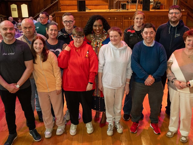 The Mayor Councillor Lilian Seenoi-Barr pictured with staff and members of Destined as she hosted an Afrobeat Tea dance in the Guildhall which blended traditional waltzes with a selection of upbeat tunes bringing people to their feet on the dance floor of the main hall. Picture Martin McKeown. 09.10.24