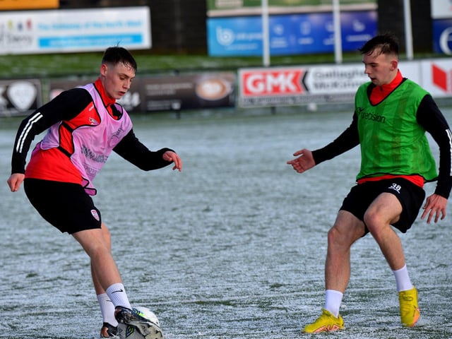 Derry City’s Conor Barr and Liam Mullan training at the Brandywell Stadium on Monday. Picture: George Sweeney. DER2304GS – 05