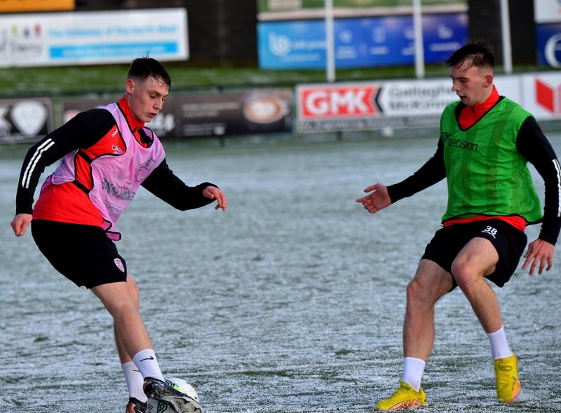 Derry City’s Conor Barr and Liam Mullan training at the Brandywell Stadium on Monday. Picture: George Sweeney. DER2304GS – 05