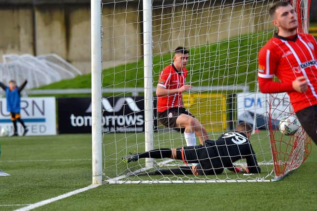 Cian Kavanagh scores his second goal against Finn Harps. Photo: George Sweeney. DER2305GS – 25