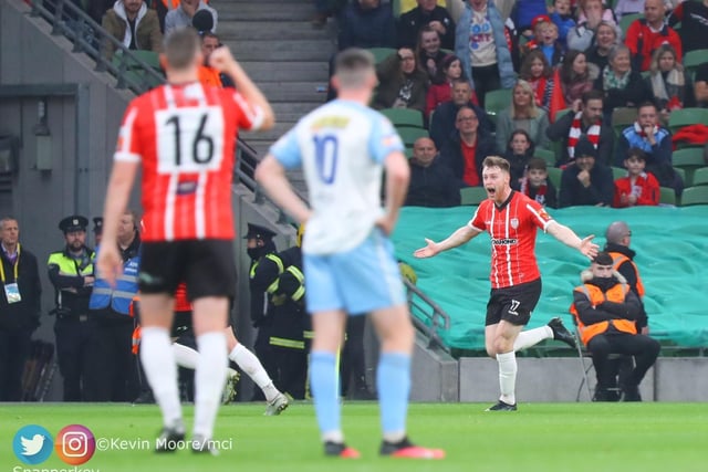 Derry City defender Cameron McJannet wheels away in celebration after scoring against Shelbourne in Sunday's FAI Cup final in the Aviva Stadium. (Photo: Kevin Moore/MCI)