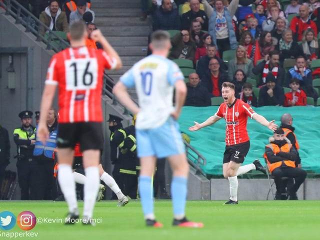 Derry City defender Cameron McJannet wheels away in celebration after scoring against Shelbourne in Sunday's FAI Cup final in the Aviva Stadium. (Photo: Kevin Moore/MCI)