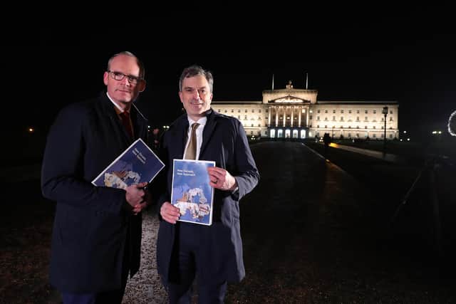 JANUARY 2020: Then Secretary of State for Northern Ireland Julian Smith and Irish Minister for Foreign Affairs Simon Coveney at Parliament Buildings, Stormont in Belfast after an agreement was reached. Photo by Kelvin Boyes   / Press Eye.