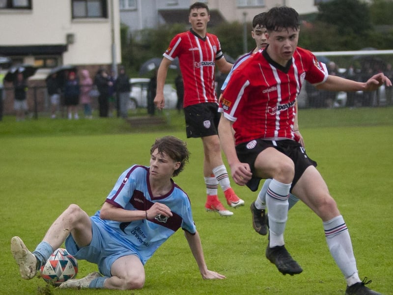 Action from Friday’s u-17 Foyle Cup final as Derry City's Blaine McDaid goes at Institute in Oakland Park, Derry (Photos: Jim McCafferty Photography)