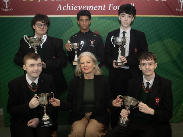 Mrs. Fiona Harrigan-Stewart, Vice Principal, St. Joseph's Boys School pictured with Year 12 Class Award winners at Thursday's Prizegiving. Front from left, Luke Green and Dylan McLoone-O'Doherty. Back from left, James Campbell, Conor McCauley and Riliegh Johnston.. (Photos: Jim McCafferty Photography) : .