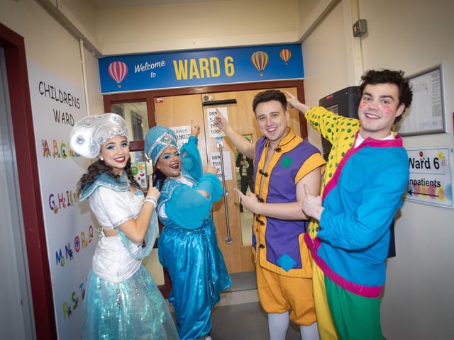 Characters from 'Aladdin' the 2024 Christmas Pantomime at the Millennium Forum pictured with staff during a visit to the Children's Ward at Altnagelvin Hospital on Thursday afternoon.