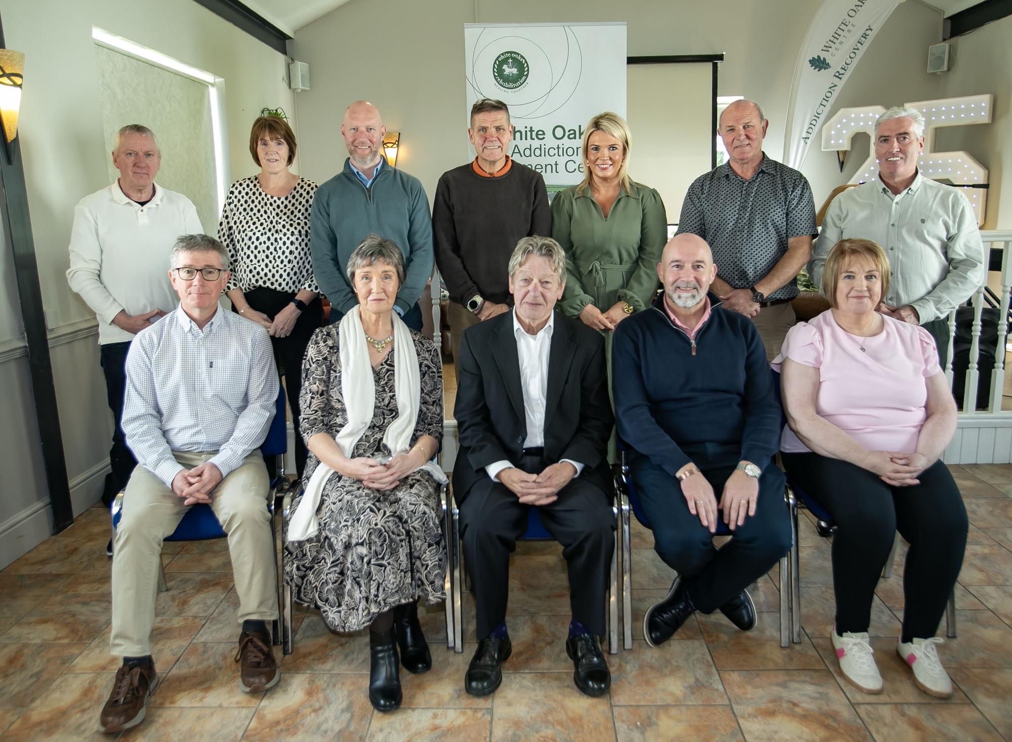 Directors and staff pictured at the White Oaks Addiction Treatment Centre's 25th anniversary celebrations. Front from left, Stephen McLaughlin, Anne Sweeney, Stan McGowan, Gary McLaughlin and Annemarie Green. Back from left, Gary Harvey, Patricia Rutherford-De Souza, Mark Gibney, Dermot McDonough, Katrina McCallion, Brendan Carlin and Tony Barron,  (Photos: Jim McCafferty Photography)