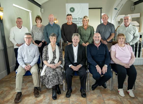 Directors and staff pictured at the White Oaks Addiction Treatment Centre's 25th anniversary celebrations. Front from left, Stephen McLaughlin, Anne Sweeney, Stan McGowan, Gary McLaughlin and Annemarie Green. Back from left, Gary Harvey, Patricia Rutherford-De Souza, Mark Gibney, Dermot McDonough, Katrina McCallion, Brendan Carlin and Tony Barron, (Photos: Jim McCafferty Photography)