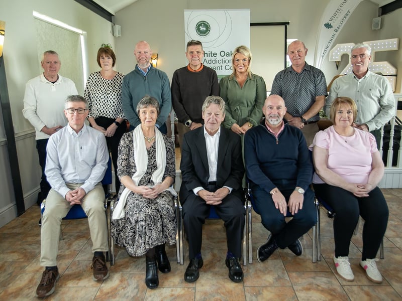 Directors and staff pictured at the White Oaks Addiction Treatment Centre's 25th anniversary celebrations. Front from left, Stephen McLaughlin, Anne Sweeney, Stan McGowan, Gary McLaughlin and Annemarie Green. Back from left, Gary Harvey, Patricia Rutherford-De Souza, Mark Gibney, Dermot McDonough, Katrina McCallion, Brendan Carlin and Tony Barron,  (Photos: Jim McCafferty Photography)