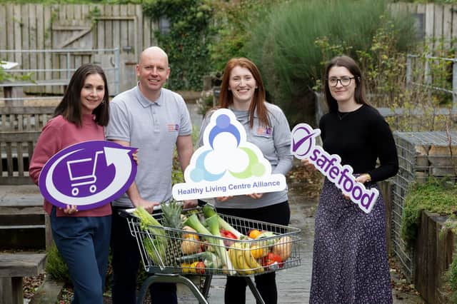 Celebrating a new three-year phase of the 'Transform Your Trolley’ programme are Aileen McGloin, Director Of Nutrition at safefood, George McGowan and Julie White, The Old Library Trust Healthy Living Centre, Derry and Anne Parle, Registered Nutritionist (Public Health) at safefood.