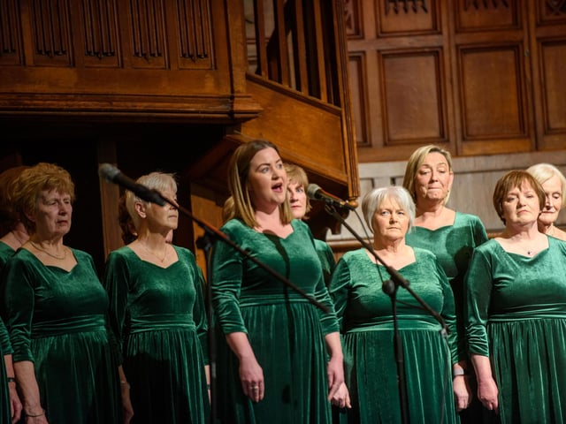 The Mayor Councillor Sandra Duffy hosted an evening to mark International Womens Day in the Guildhall which included a performance by Colmcille Ladies Choir, an address by Mary Keogh and a comical speech by Charmaine O’Donnell compered by Jeananne Craig. Picture Martin McKeown. 08.03.2