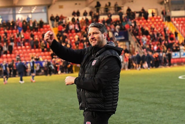 Ruaidhri Higgins salutes fans after Derry City’s victory over Shelbourne in the FAI Cup quarter-final. Photograph: George Sweeney