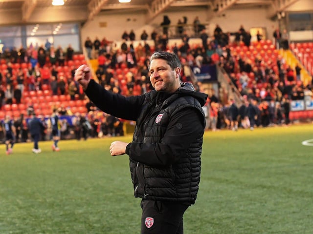 Ruaidhri Higgins salutes fans after Derry City’s victory over Shelbourne in the FAI Cup quarter-final. Photograph: George Sweeney