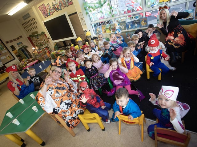 Mrs Molloy and her Nursery Class pictured before Friday's Halloween Parade at Greenhaw Primary School. (Photos: JIm McCafferty Photography) : .