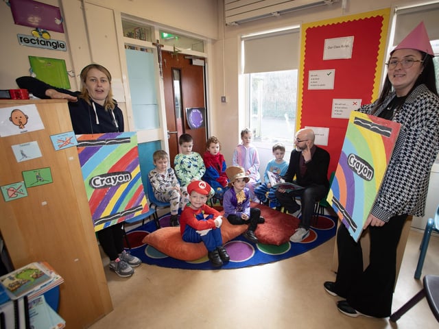 KS1 ASD class enjoying stories read by their teacher Mr. Mark Doherty. LSA Mrs. Sinead Scott and Miss. Ashleigh McGowan on Thursday last at St. Brigid's PS.