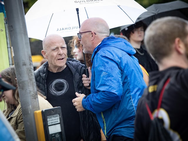 Eamon McCann pictured with Mal Duddy at Saturday's Pride Parade in Guildhall Square, Derry. (Photos: Jim McCafferty Photography)
