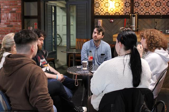 Film-maker Sean Coyle with some of the students. Photo: Francisca Valentim.