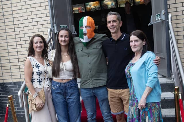 Queuing up for a photo with DJ Provai before Sunday's screening of 'Kneecap' at the Brunswick Moviebowl in Derry.